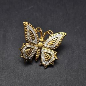 Damascene Butterfly Brooch Gold Tone Black Enamel Vintage Bug Insect Jewelry